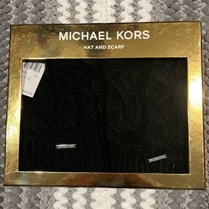 Michael Kors Hat and Scarf Gift Set- Black w/silver hardware